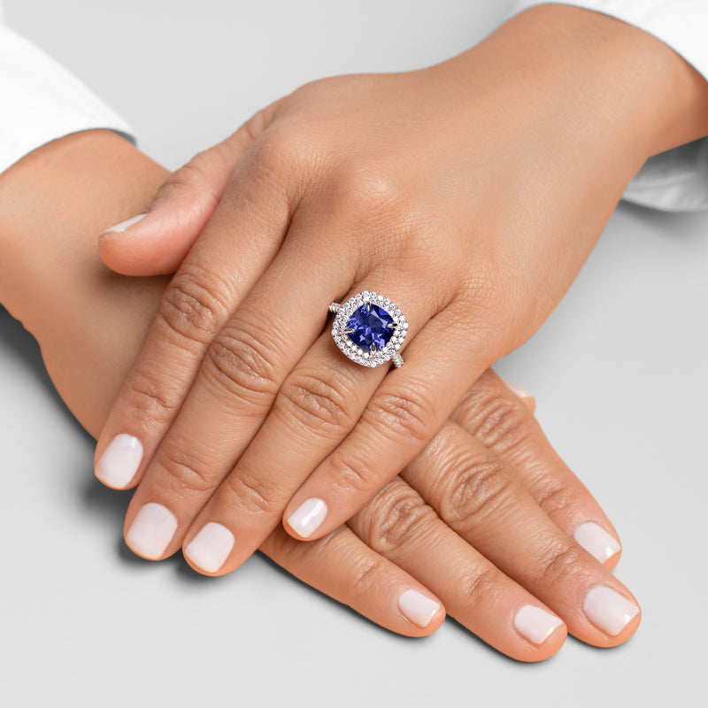 Peora Blue Sapphire and Lab Grown Diamond Cushion Cut Ring 14K White Gold 