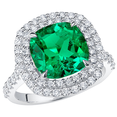 Peora Colombian Emerald Ring Cushion Cut 14K White Gold with Diamonds