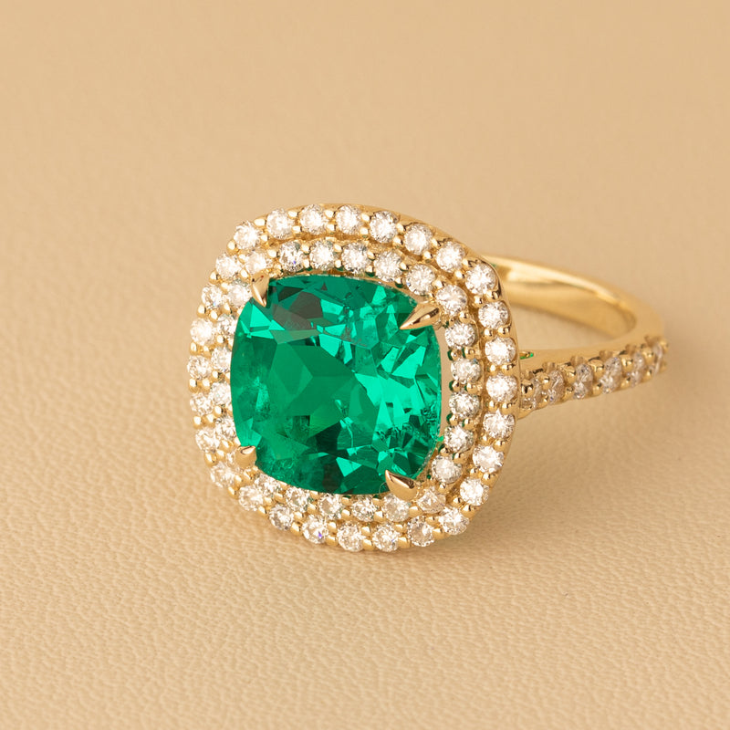 Peora Colombian Emerald Ring Cushion Cut 14K Yellow Gold with Diamonds