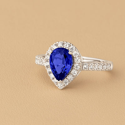 Peora Blue Sapphire Pear Shape Halo Ring 14K White Gold 