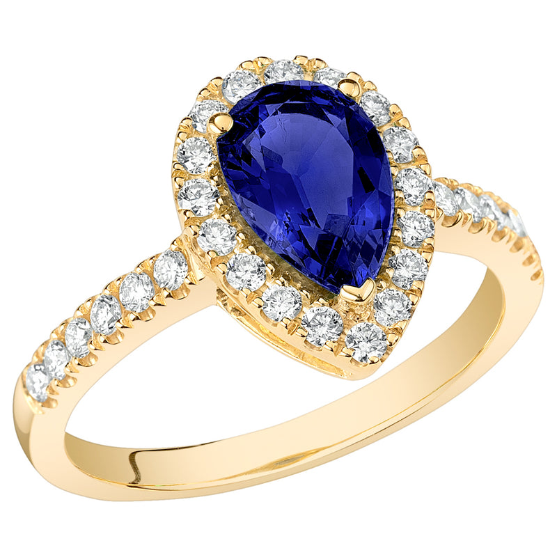 Peora Blue Sapphire Pear Shape Halo Ring 14K Yellow Gold 