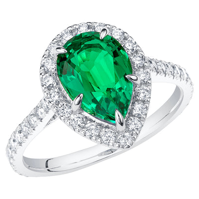Peora Colombian Emerald Ring Pear Shape 14K White Gold with Diamonds
