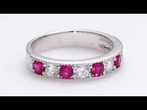 Video of Sterling Silver Created Ruby Milgrain Half Eternity Ring Band Sizes 5 to 9 SR11862. Includes a Peora gift box. Free shipping, 30-day returns, authenticity guaranteed. 