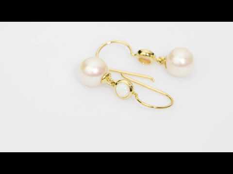 Video of 8mm Freshwater Cultured White Pearl and Created White Fire Opal Fish Hook Earrings in 14K Yellow Gold. Includes a Peora gift box. Free shipping, 45-day returns, authenticity guaranteed. E19370