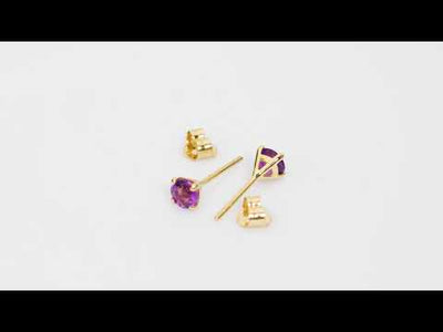 Video of  4mm Round Amethyst Solitaire Stud Earrings in 14K Yellow Gold.  Includes a Peora gift box. Free shipping, 45-day returns, authenticity guaranteed. E19330