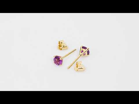 Video of  4mm Round Amethyst Solitaire Stud Earrings in 14K Yellow Gold.  Includes a Peora gift box. Free shipping, 45-day returns, authenticity guaranteed. E19330