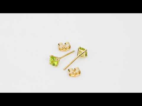Video of 4mm Round Peridot Solitaire Stud Earrings in 14K Yellow Gold.  Includes a Peora gift box. Free shipping, 45-day returns, authenticity guaranteed. E19342