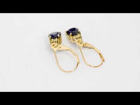 Video of Created Blue Sapphire and Diamond Teardrop Leverback Earrings in 14k Yellow Gold.  Includes a Peora gift box. Free shipping, 45-day returns, authenticity guaranteed. E19382