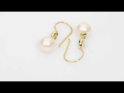 Video of 8mm Freshwater Cultured White Pearl and Cubic Zirconia Fish Hook Earrings in 14K Yellow Gold.  Includes a Peora gift box. Free shipping, 45-day returns, authenticity guaranteed. E19358