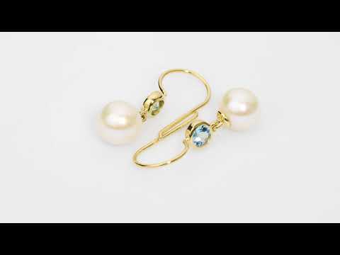 Video of 8mm Freshwater Cultured White Pearl and Aquamarine Fish Hook Earrings in 14K Yellow Gold.  Includes a Peora gift box. Free shipping, 45-day returns, authenticity guaranteed. E19356