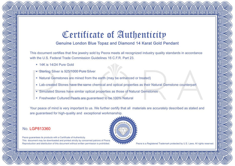 14K White Gold London Blue Topaz And Diamond Teardrop Pendant 3 Carats P10068 certificate of authenticity